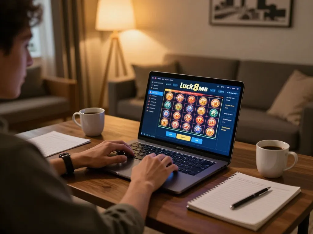 Player enjoying online slots at luck8mb in a cozy home setting, highlighting strategic gameplay.