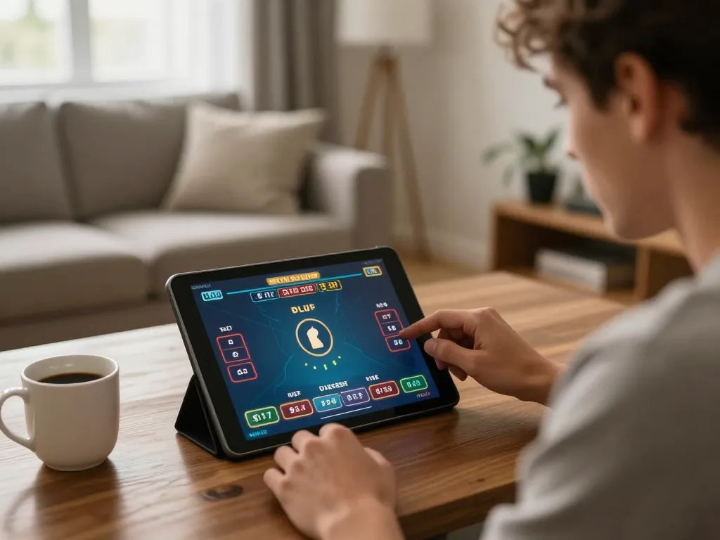 EE88 player engaging in live dealer game on tablet, showcasing online gaming excitement.