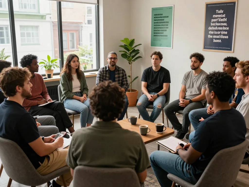 Men engaging in meaningful conversations at a manclub meeting promoting emotional support.