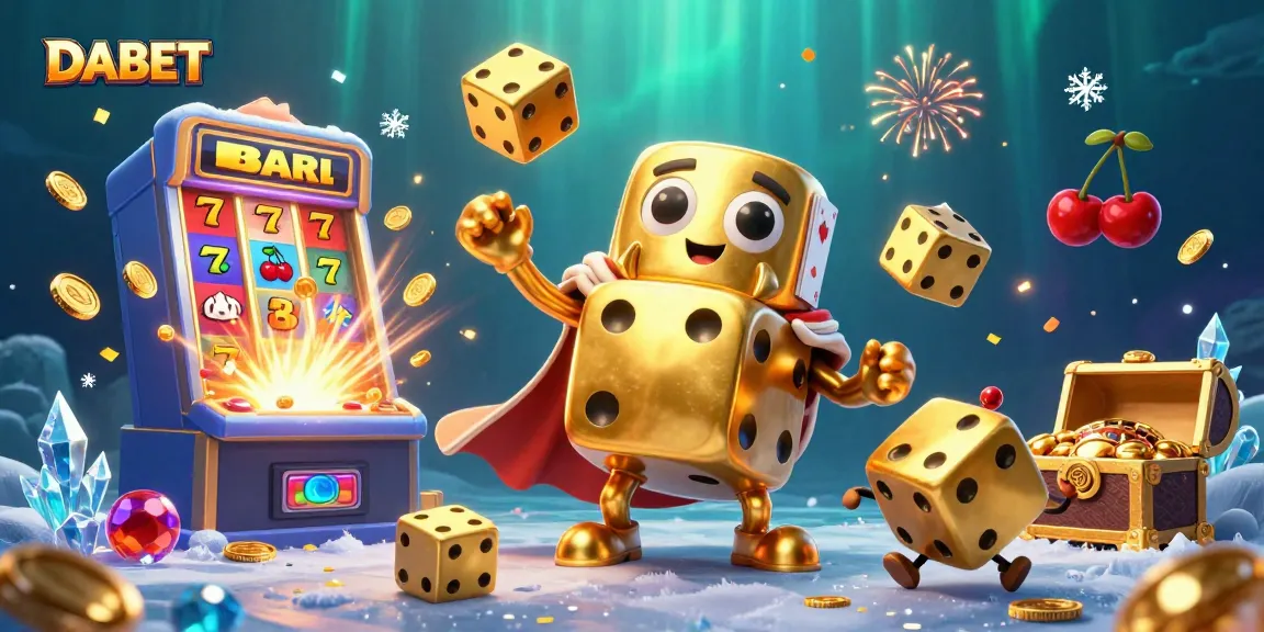 DABET captures thrilling moments in a vibrant 3D casino scene with golden dice and slot machines.