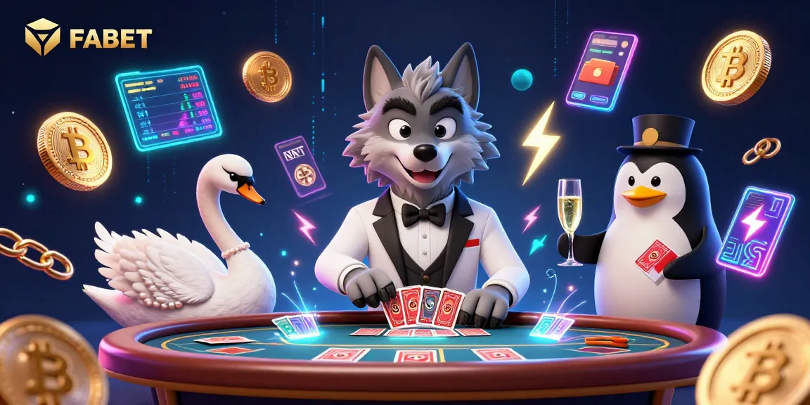 Engage with FABET as a debonair wolf plays baccarat amid neon crypto coins and vibrant characters.