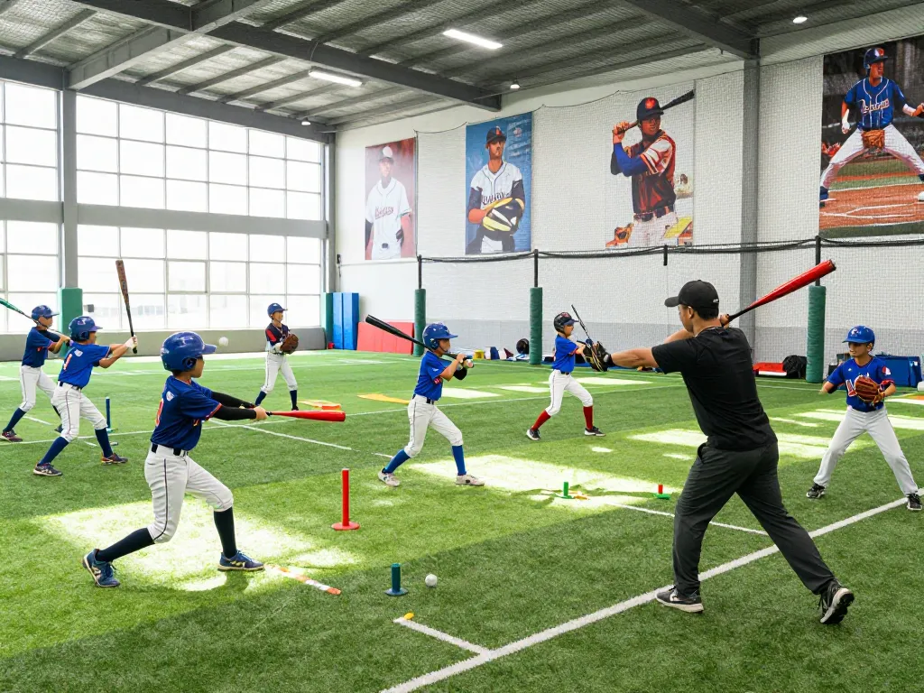 Youth athletes at hitclub baseball training facility practicing swings with a coach.