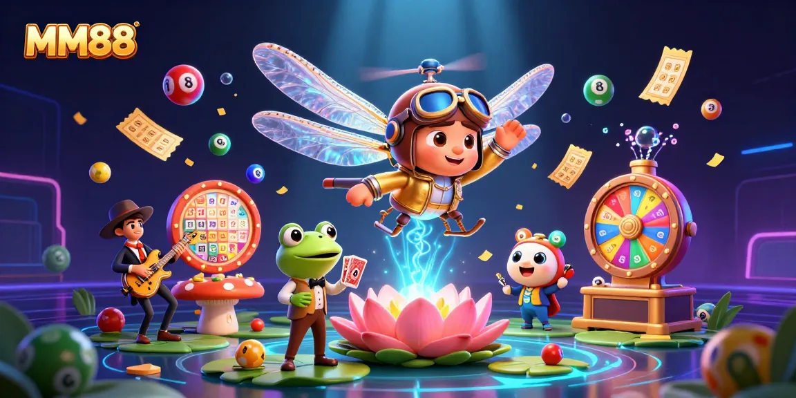 Experience the excitement of MM88 slots and games with vivid lottery balls and characters in action.