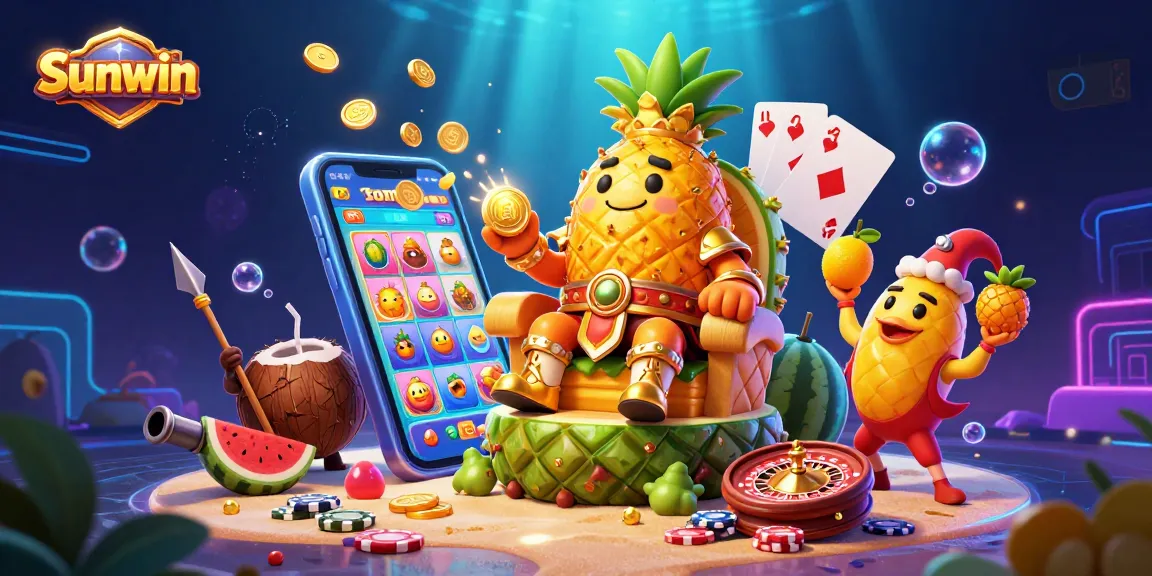 Experience Sunwin's gaming excitement with the golden pineapple king ruling over vibrant casino scenes.