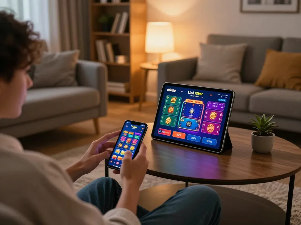 Người sử dụng ứng dụng Link 12bet trên smartphone trong một không gian sống ấm cúng, nhấn mạnh sự tiện lợi của trò chơi trực tuyến.