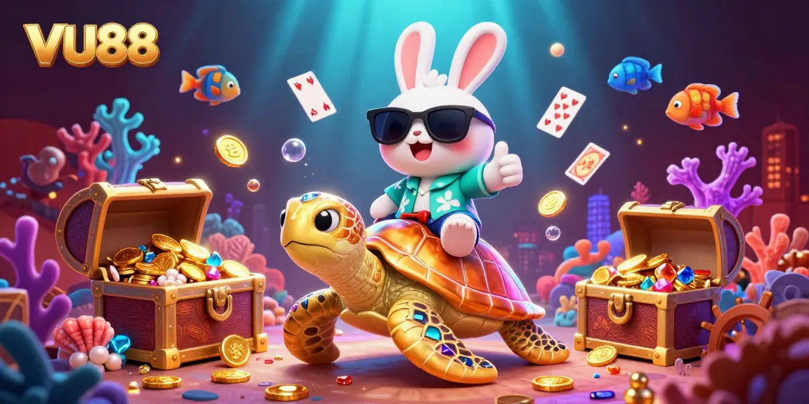 Engage in exciting gameplay with VU88, featuring a lucky rabbit and golden sea turtle in a vibrant underwater casino scene.