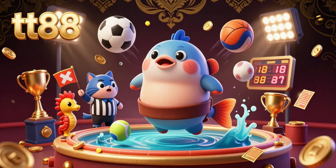 Bet on tt88 with an energetically illustrated gambling scene featuring underwater characters and various sports elements.