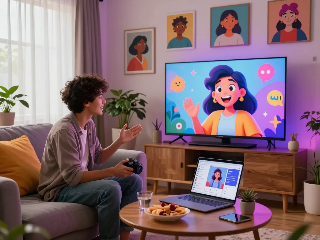 Engaging chat with crushon AI character in a modern living room.