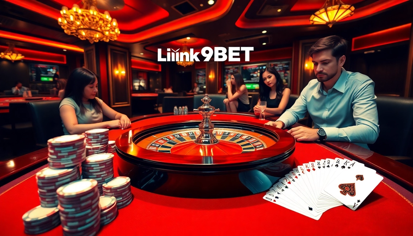 Experience the thrill of Link 9BET at a luxurious casino table with poker chips and playing cards.