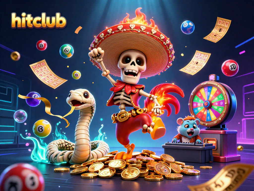Hitclub showcases a vibrant scene featuring a skeleton mariachi rooster, mummy snake, and zombie DJ amidst lottery elements.