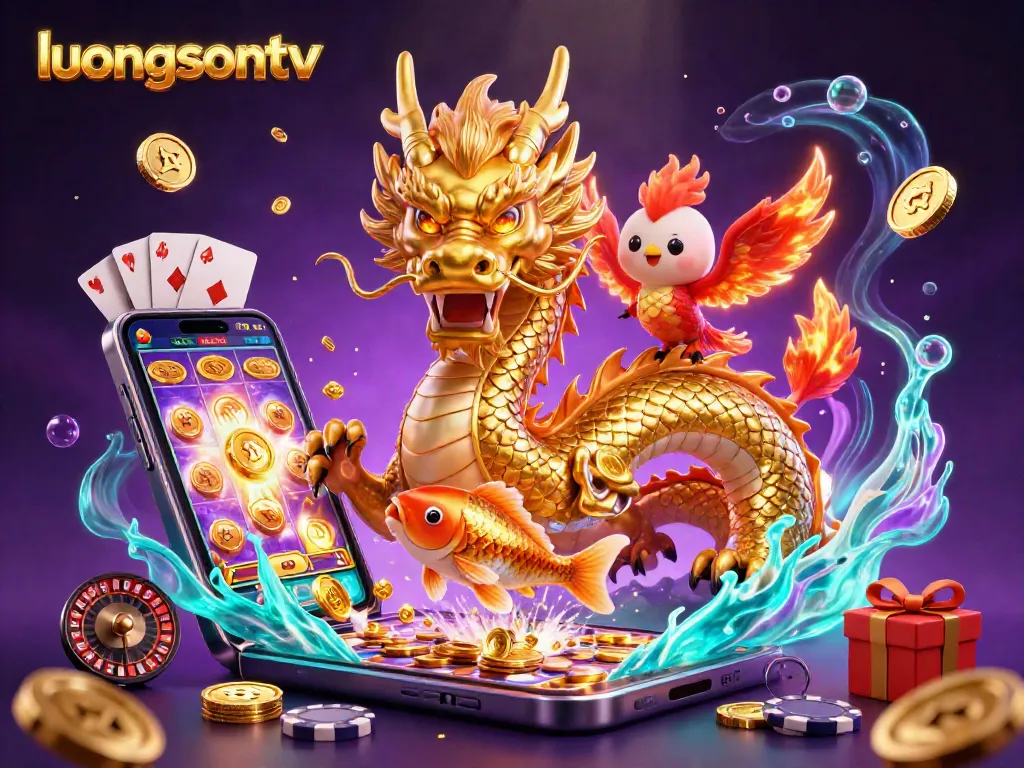 Engage with luongsontv featuring a vibrant 3D scene of a golden dragon amidst dynamic casino elements.