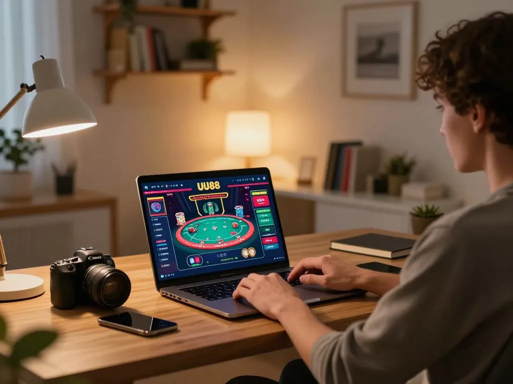 Player enjoying an online poker game at UU88's casino platform from a cozy home office setup.