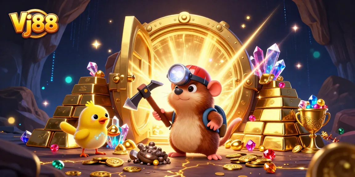 Vj88 treasure hunting in a festive casino scene with gemstones and gold bars