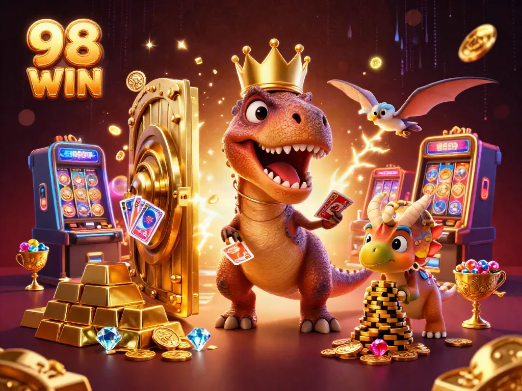 Engage in thrilling casino activities with 98 WIN's characters in a vibrant, dynamic scene.