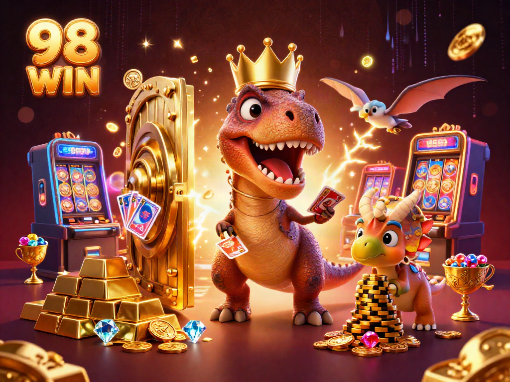 Engage in thrilling casino activities with 98 WIN's characters in a vibrant, dynamic scene.