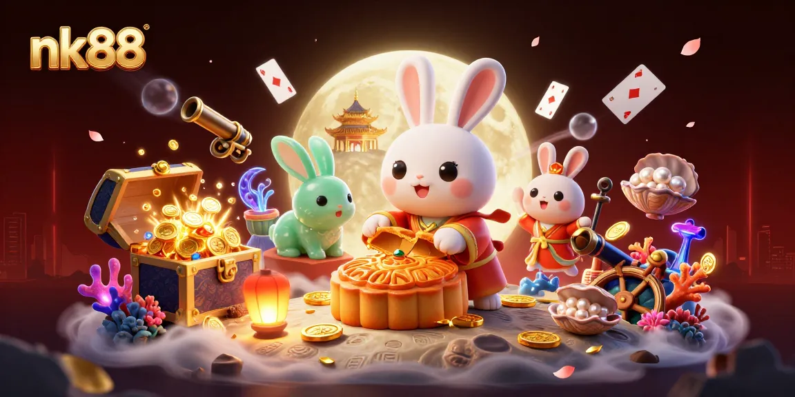 Experience the excitement at nk88 as the moon rabbit reveals poker chips amidst a vibrant casino atmosphere.