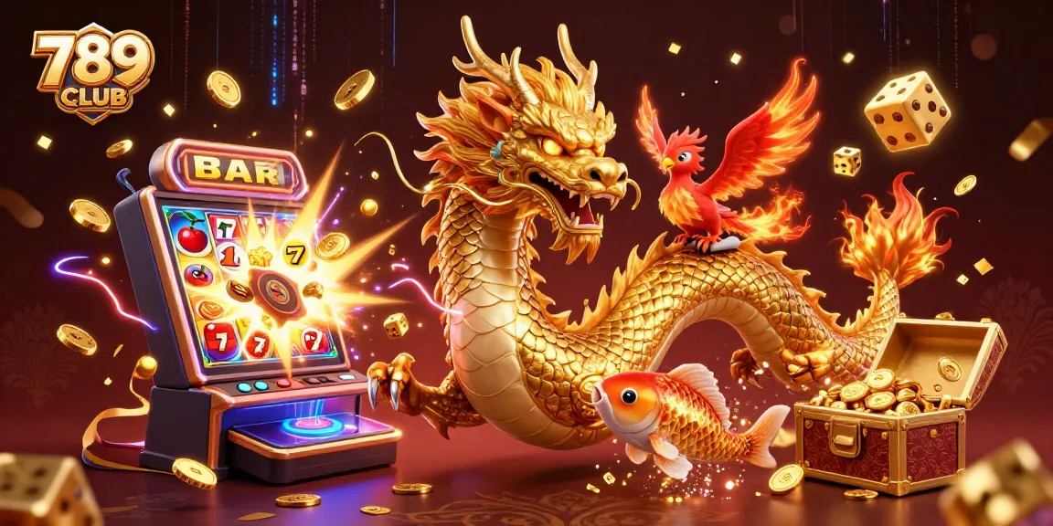 Engaging moment at 789 CLUB featuring vibrant casino scene with golden dragon, phoenix, and koi fish amidst huge jackpots.