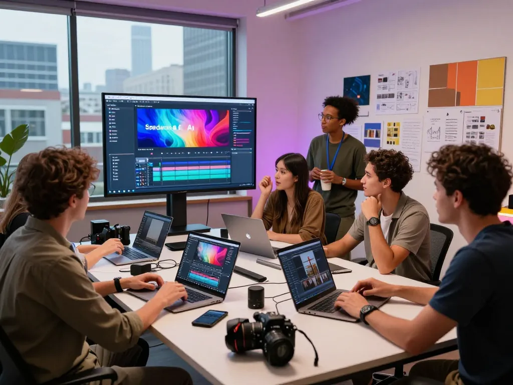 Content creators using seedance ai for innovative video production in a lively studio setting.