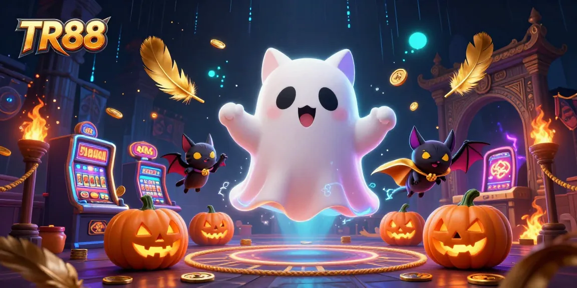 Experience the thrills of TR88 online gaming with a friendly ghost cat in a haunted casino.