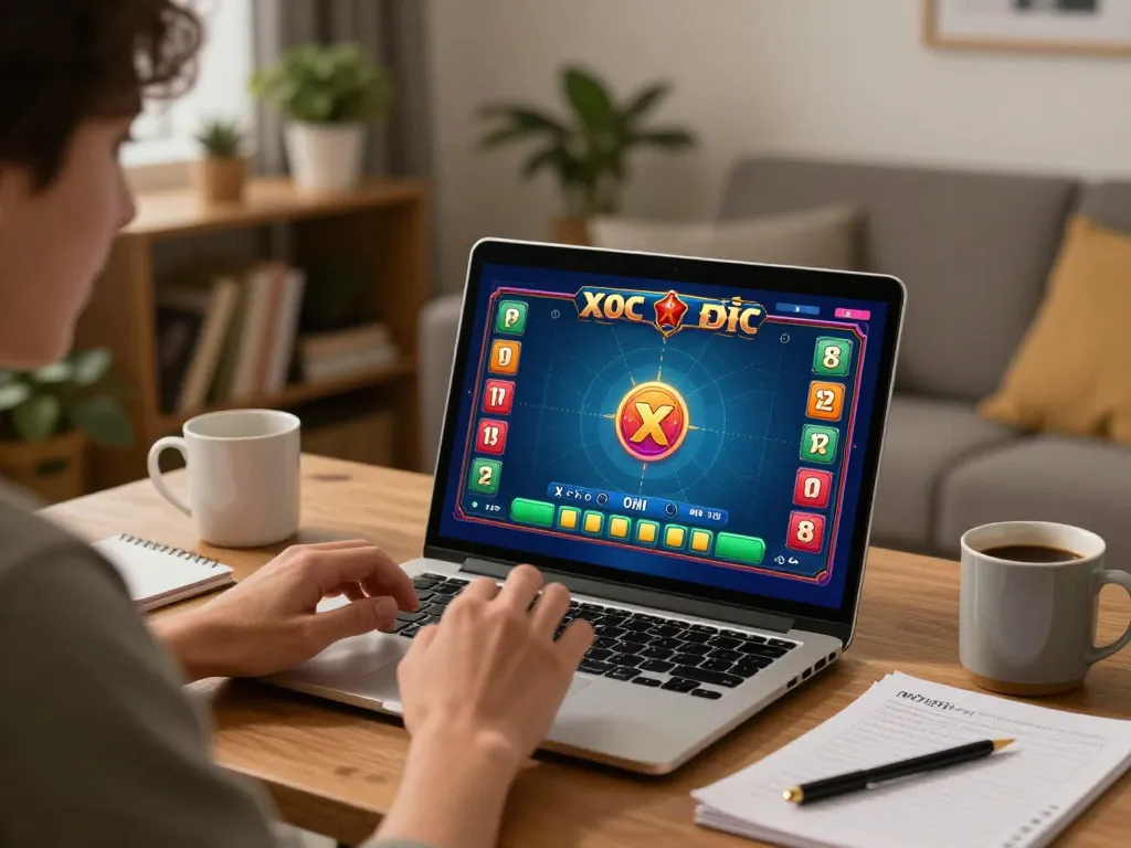 Xóc Đĩa Online gameplay on laptop in a cozy living room setting with strategy notes and warm lighting.