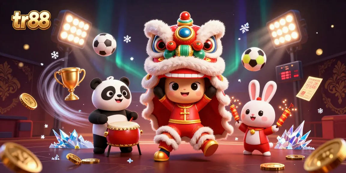 Experience gaming action with tr88 in a vibrant 3D illustration of a lively festival scene.