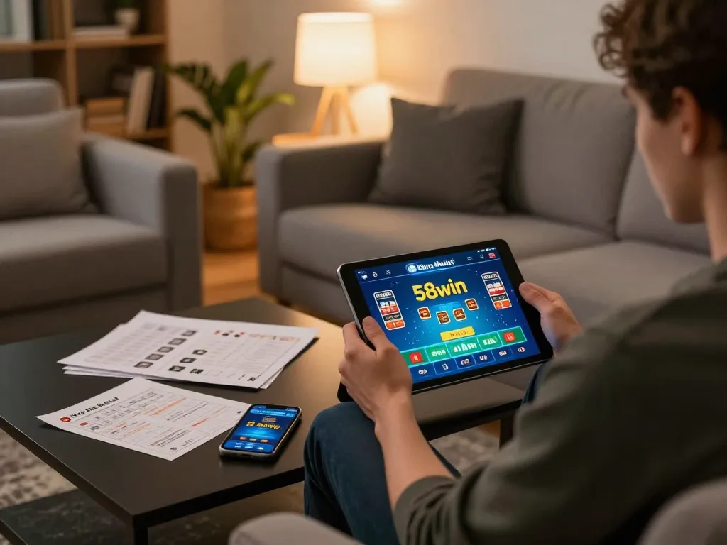 Player engaging with the 58wiin app for online gambling in a cozy setting, showcasing strategic gameplay.