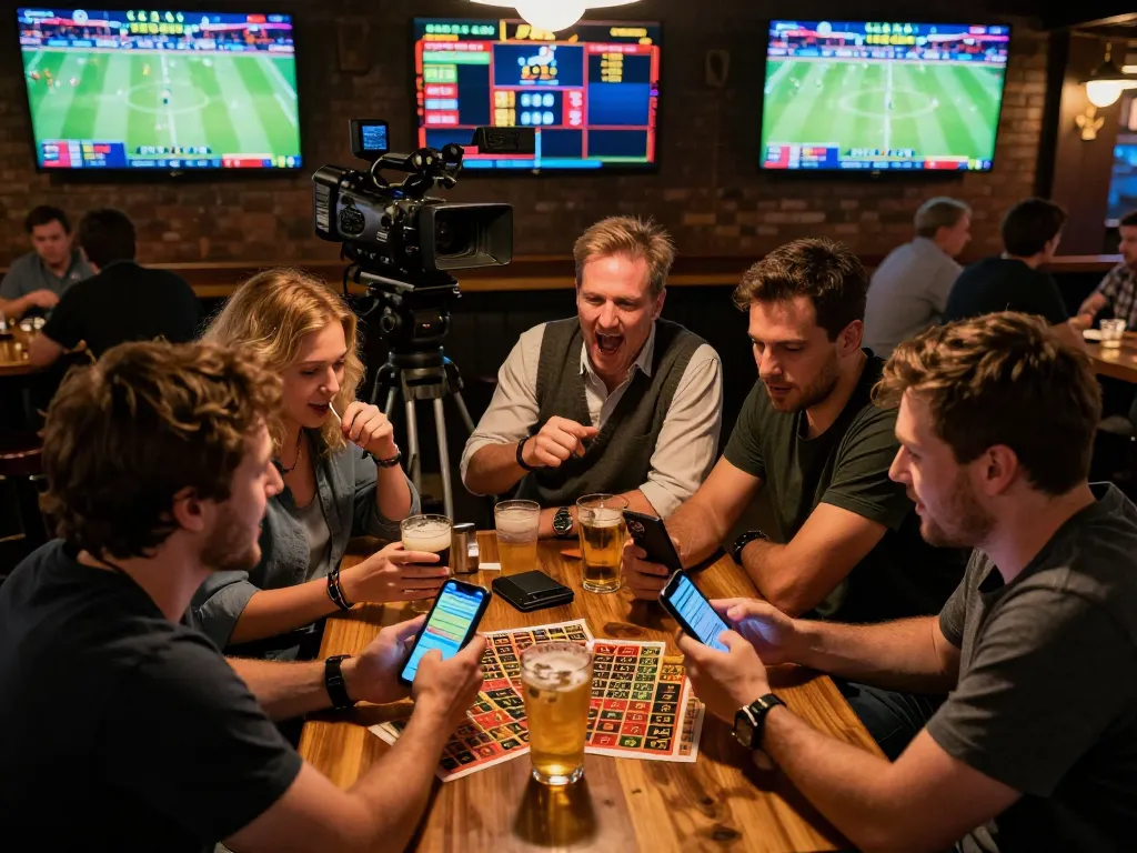Engaged sports bettors analyzing odds for Kèo Nhà Cái 5 at a lively bar.