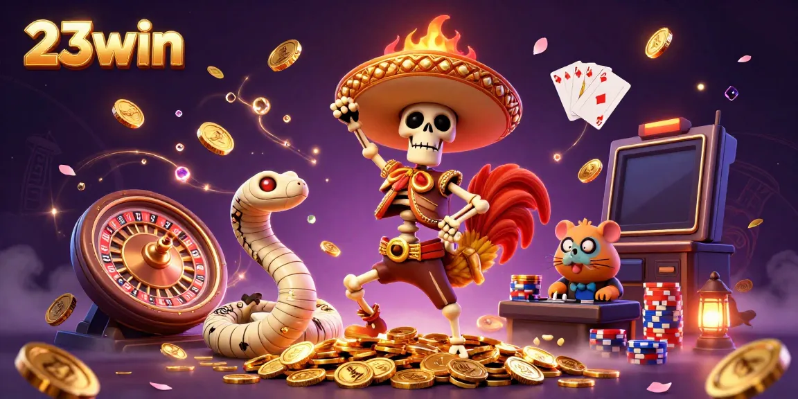 23win casino scene with a joyous skeleton mariachi rooster, coins, and vibrant game elements.