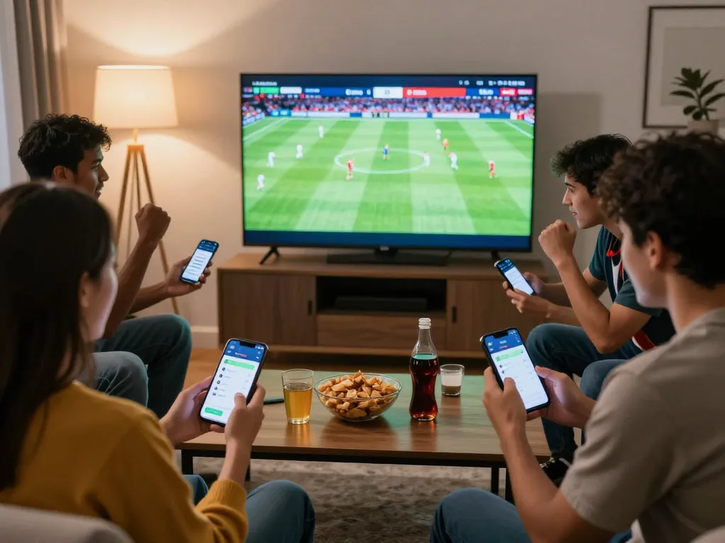 Friends placing bets on Bongdallu while enjoying a football match at home