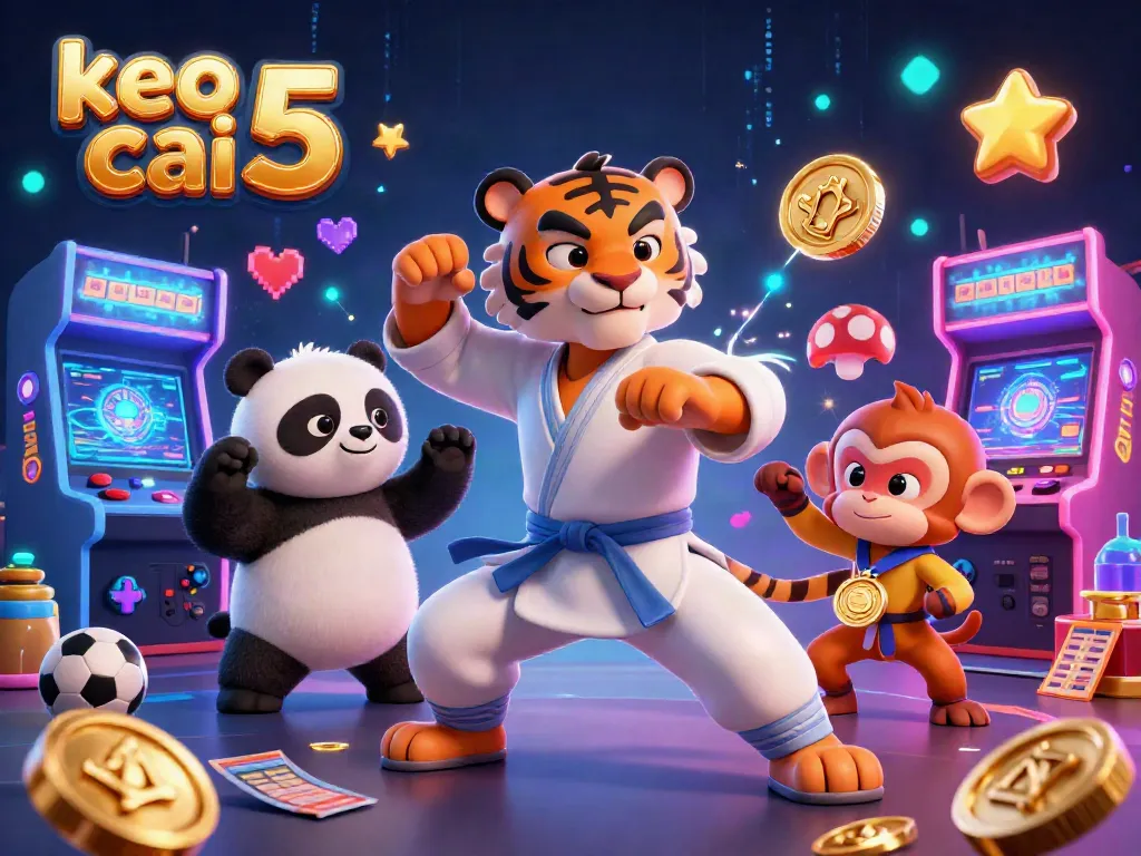 Betting on keo nha cai 5 with a kung fu tiger master and friends in a vibrant arcade casino scene