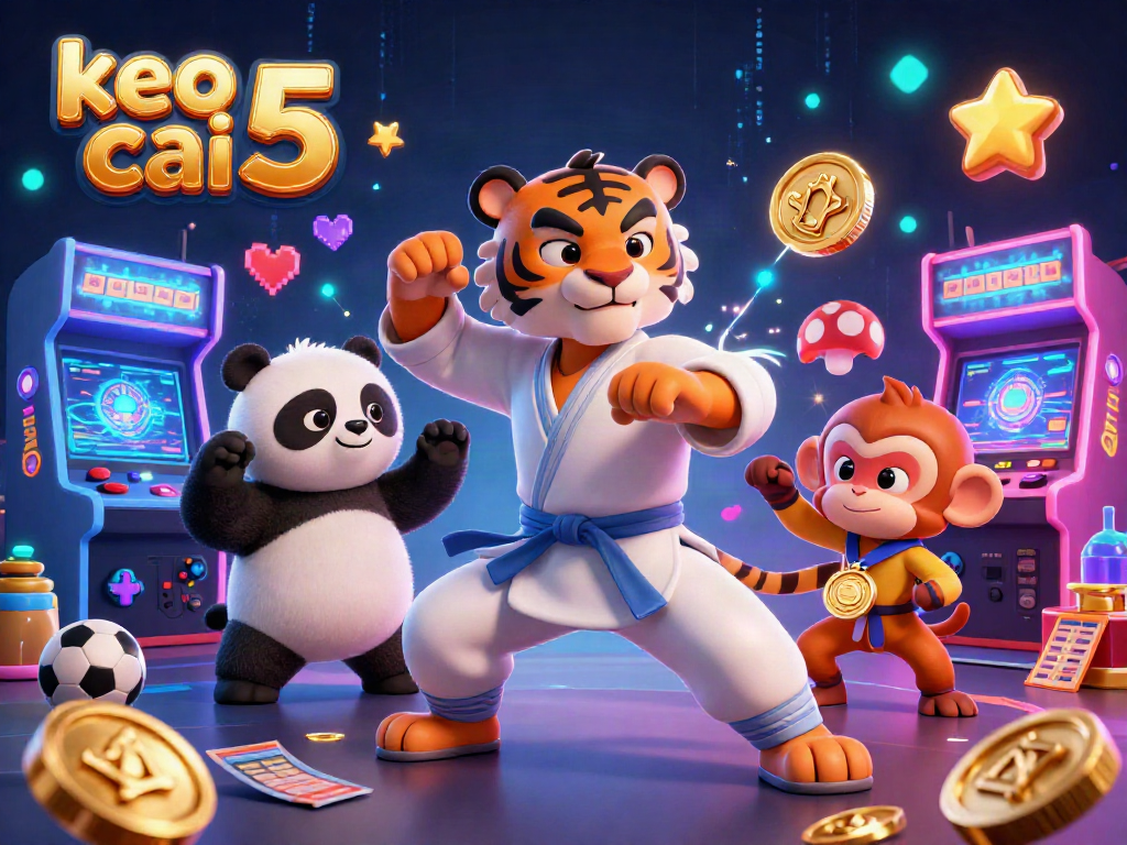 Betting on keo nha cai 5 with a kung fu tiger master and friends in a vibrant arcade casino scene