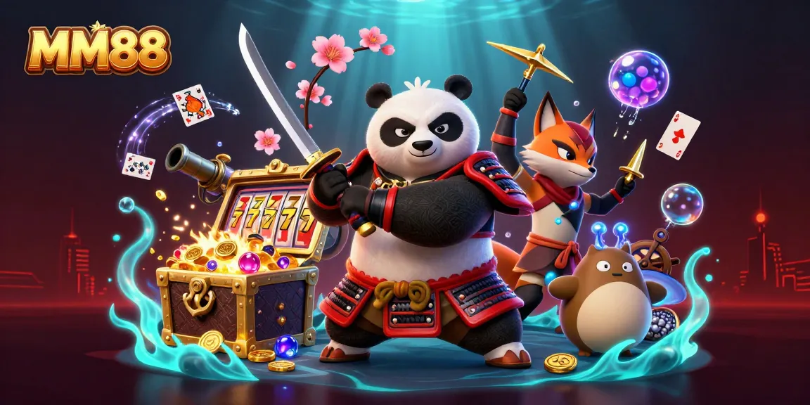 Engage with MM88's thrilling world through an action-packed casino scene featuring samurai panda, ninja fox, and magical tanuki.