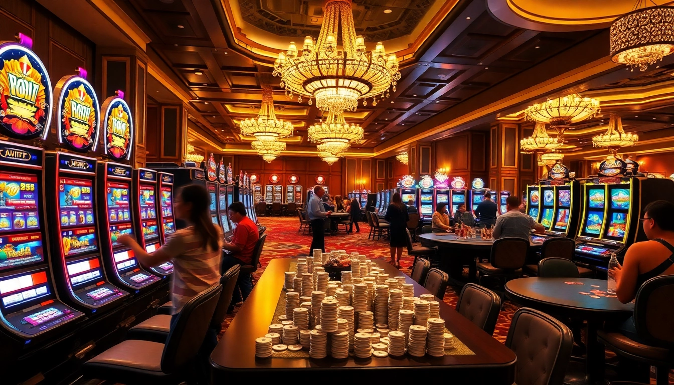 Players celebrating big wins at slot machines in the vibrant casino atmosphere of https://nohu90.pink/