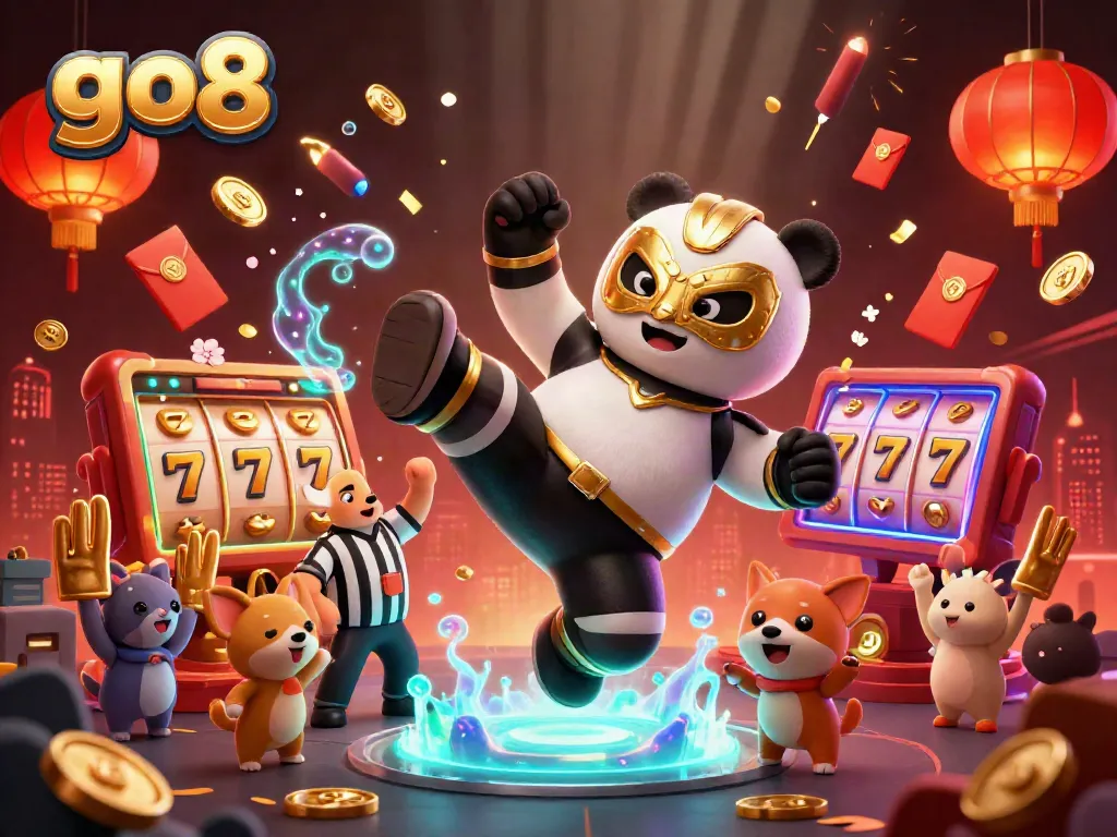 Experience the excitement at go8 with a dynamic scene of a wrestling panda in action surrounded by a cheering crowd.