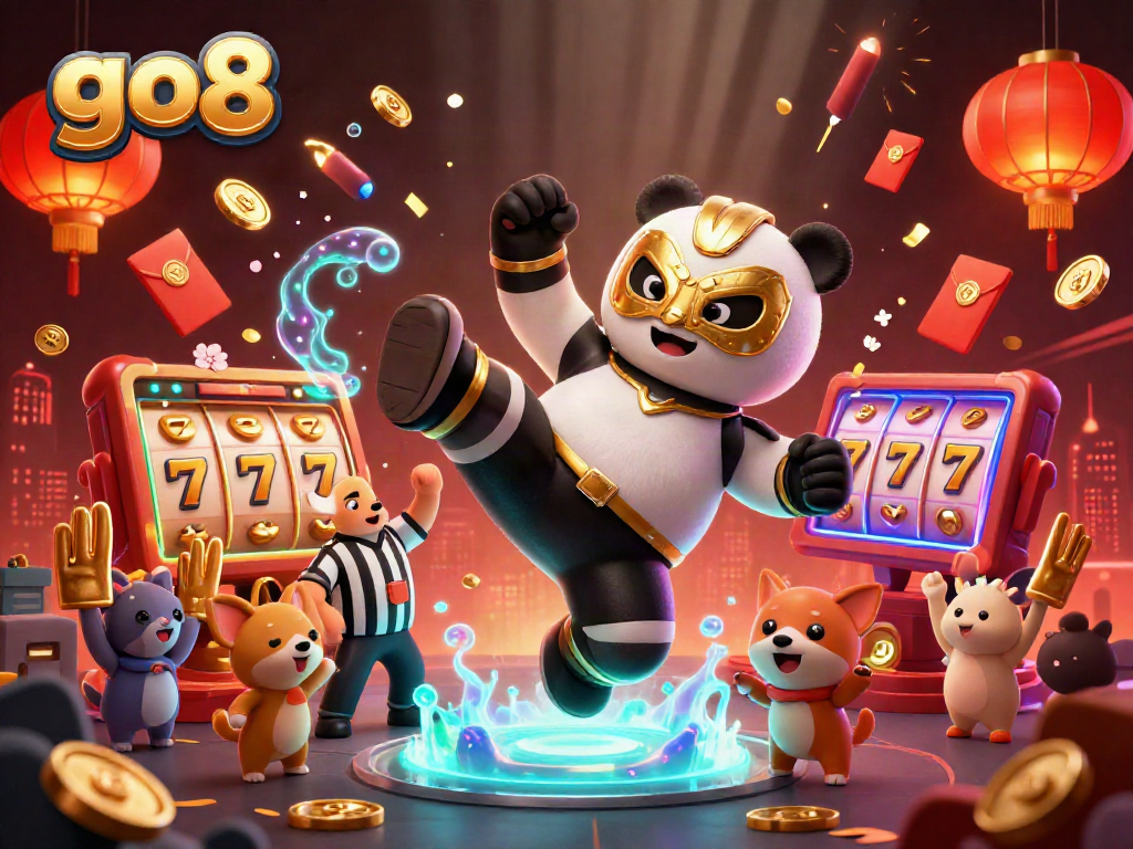 Experience the excitement at go8 with a dynamic scene of a wrestling panda in action surrounded by a cheering crowd.