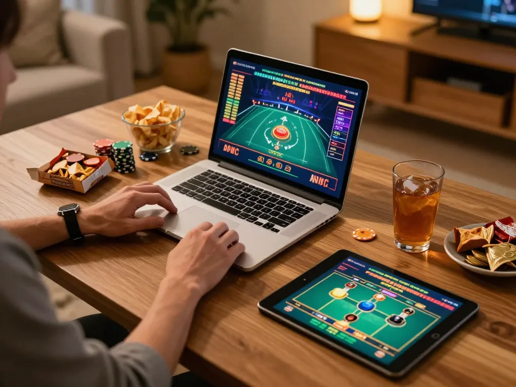 LV88 player engaging in an exciting online casino game at home, showcasing a modern gaming setup