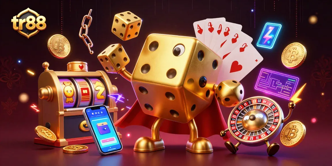 Experience tr88's gaming excitement with a golden dice golem amidst vibrant casino elements.