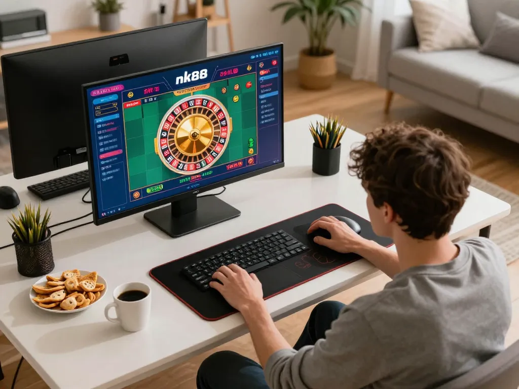 Playing roulette on nk88 com mobile app in a cozy home environment with snacks.