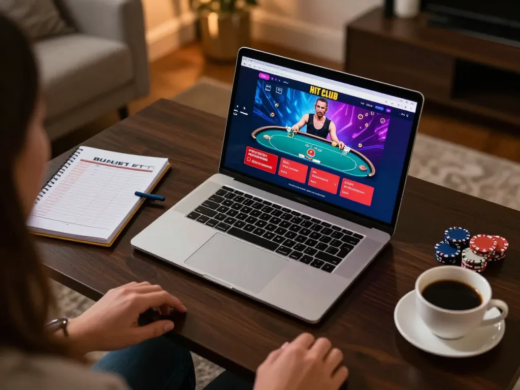 Engaging gaming session on HIT CLUB online casino with a laptop displaying poker options in a cozy home setting