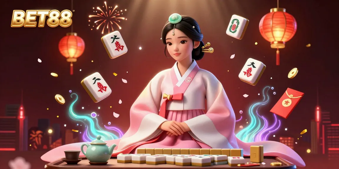 Engage with BET88 in this vibrant illustration showcasing a serene Asian woman amidst floating mahjong tiles and festive decorations.