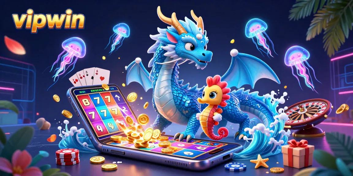 Win big with vipwin's vibrant gaming scene featuring a dragon and seahorse knight.