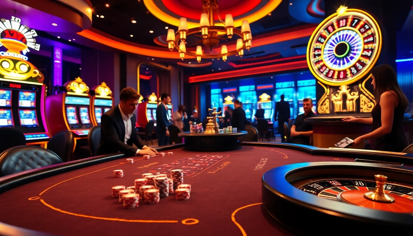 This vibrant casino scene captures the thrill of gameplay at https://32wingroup.com/ with players engaged in poker and surrounded by illuminated slot machines.
