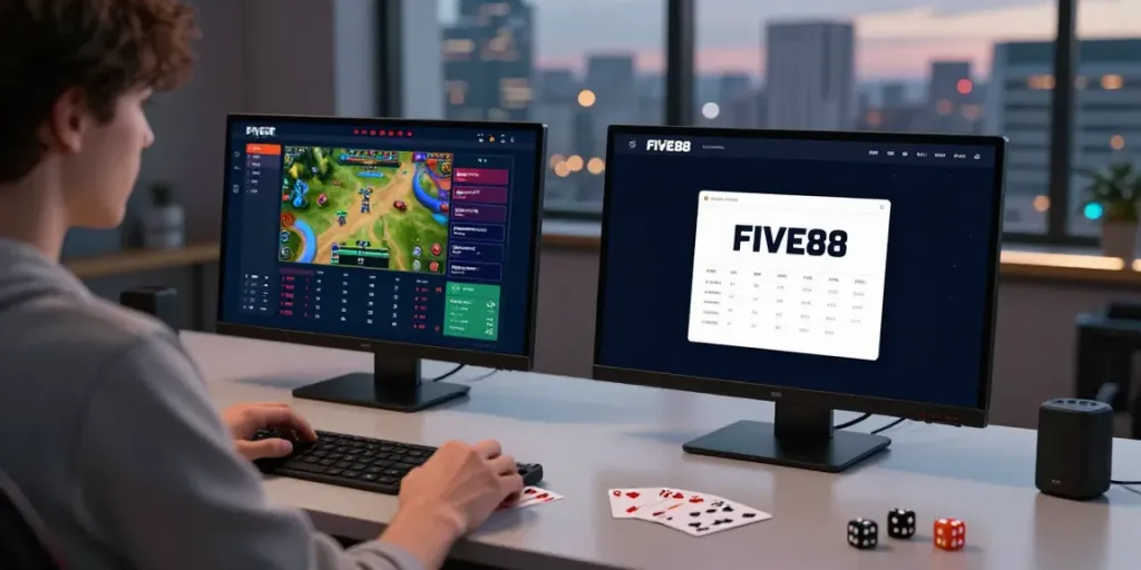 Online gaming with FIVE88 platform on dual monitors in a modern workspace.