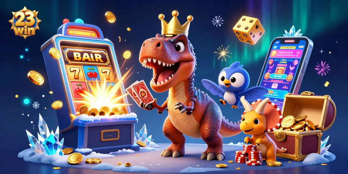 Experience exciting wins at 23win with a dynamic scene featuring cartoon dinosaurs and casino games.