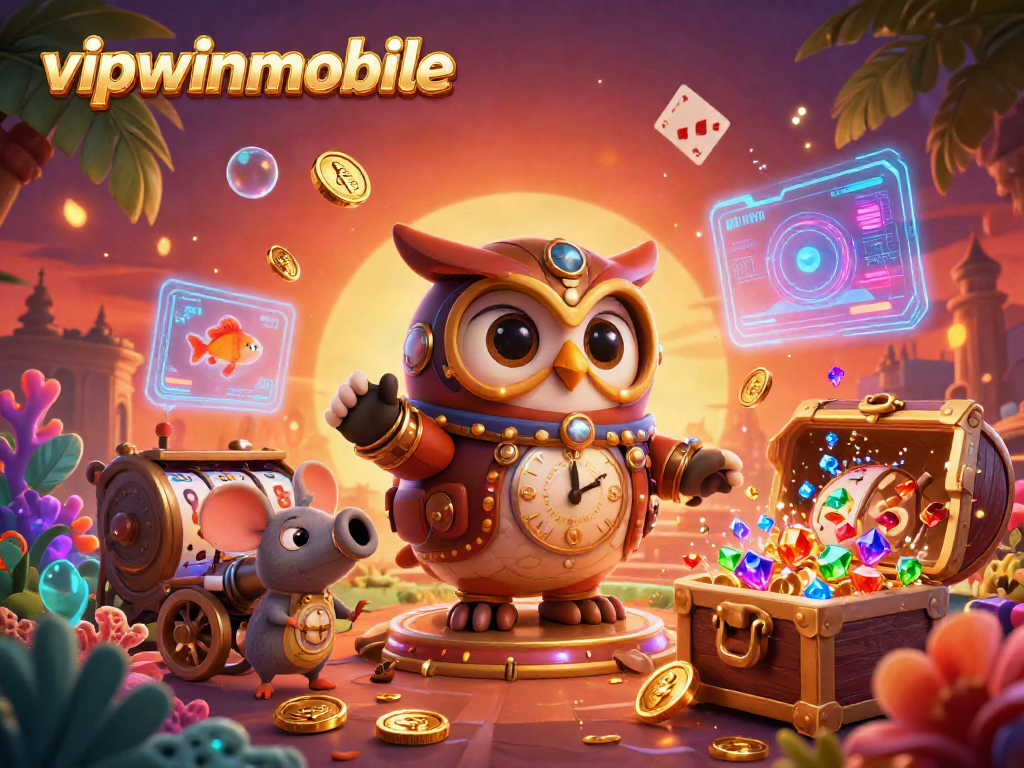 Experience the excitement of vipwinmobile with a vibrant scene of a time-traveler owl in a casino setting.