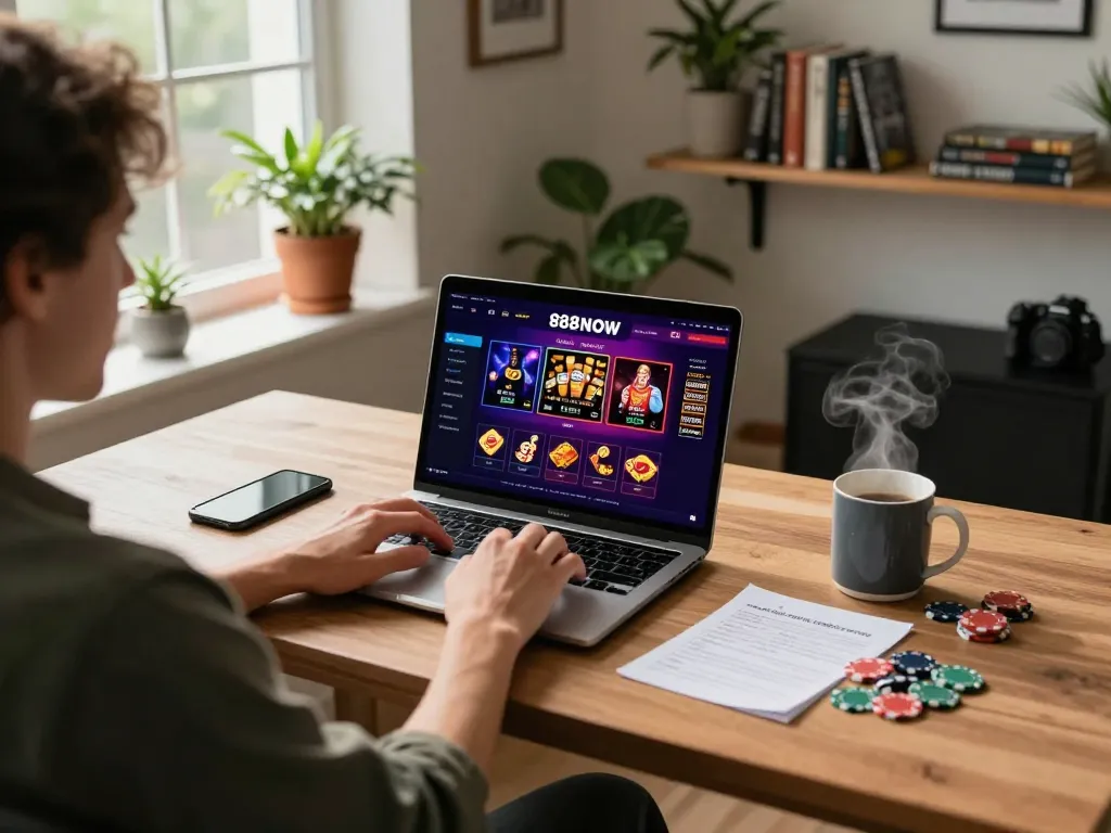 Engaged player enjoying casino gaming on 888NOW with laptop and notes in cozy atmosphere
