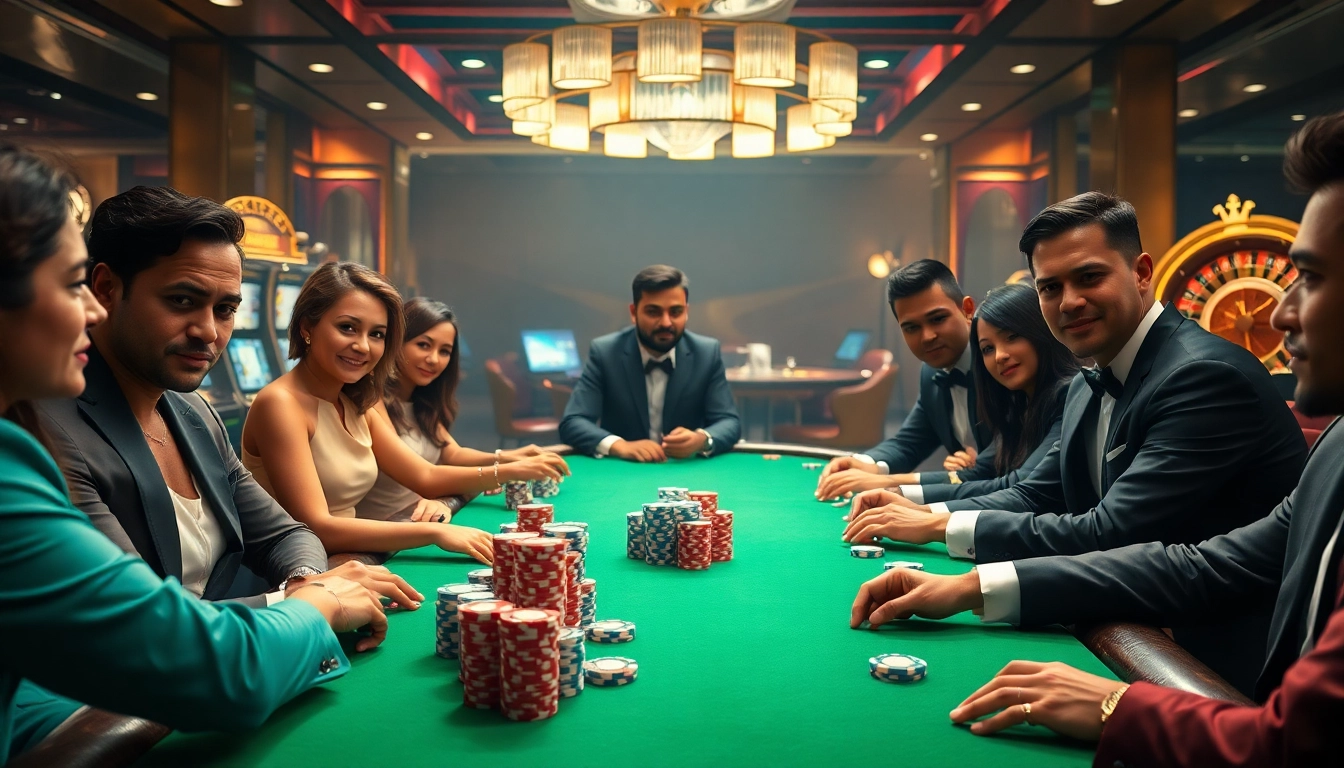 High-stakes poker scene showcasing kp88 bet excitement with players, chips, and classic casino ambiance.