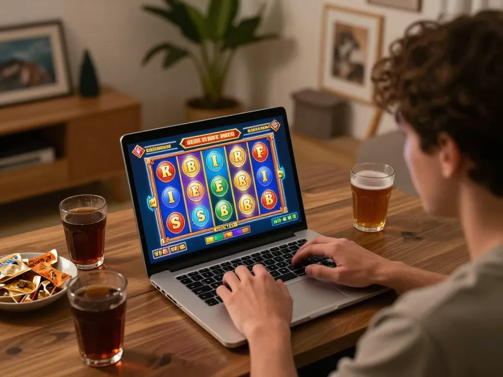 Pemain menikmati slot gacor gampang menang online sambil bermain di rumah, gulungan yang cerah dan kemenangan ditampilkan di layar