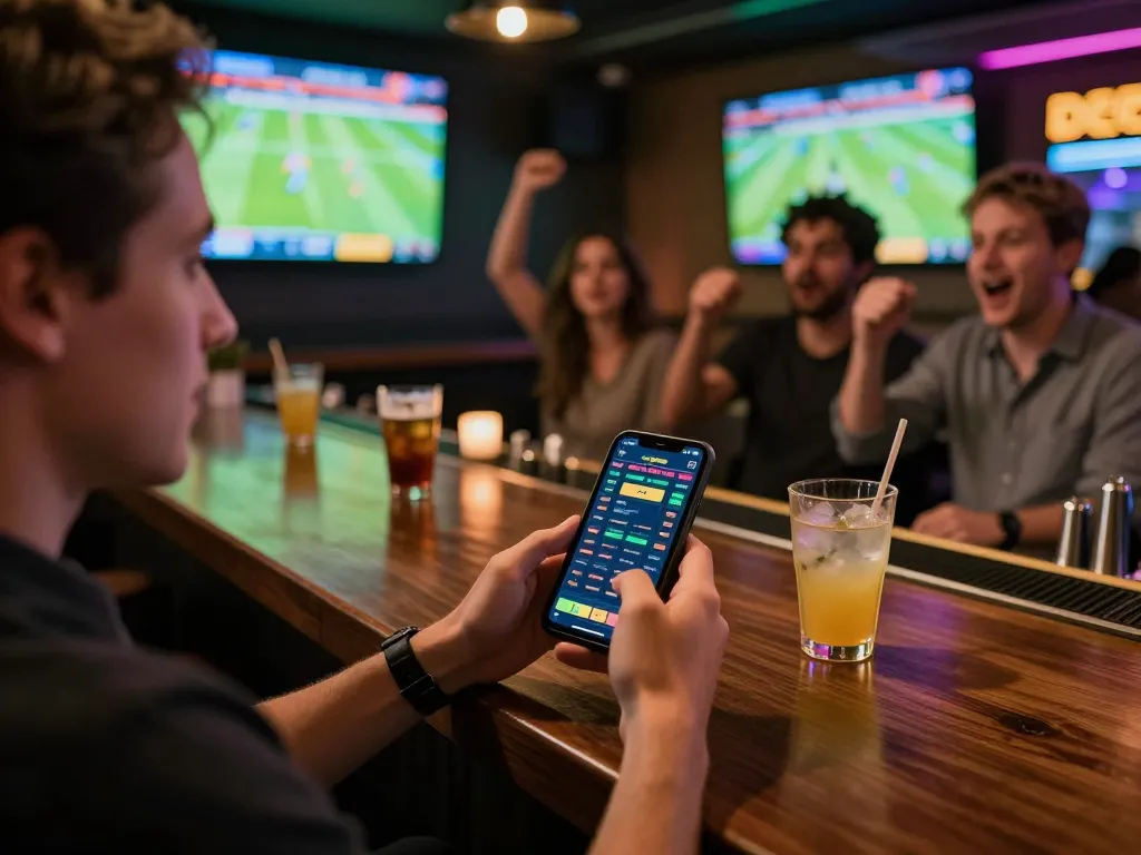 Person using mobile app for Bsport sports betting at lively bar, highlighting dynamic sports entertainment.