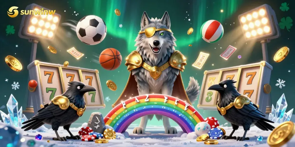 Experience thrilling wins at sunwinw with an epic illustration of Odin, his ravens, and casino elements.